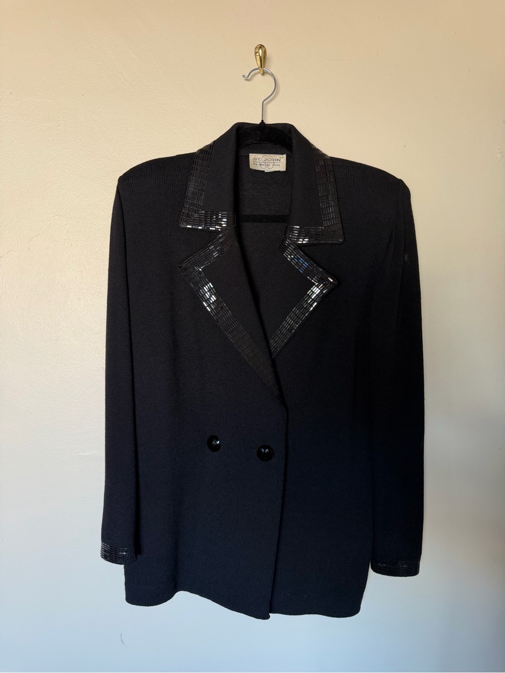St. John Black Double-Breasted Jacket with Pailette Trim